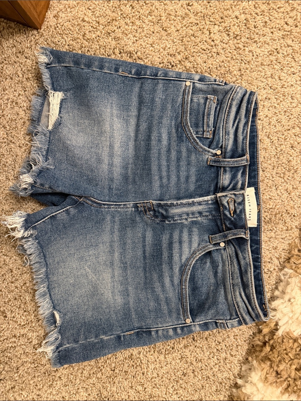 Risen Jeans Washed Blue Denim Frayed Hem Women's Shorts
